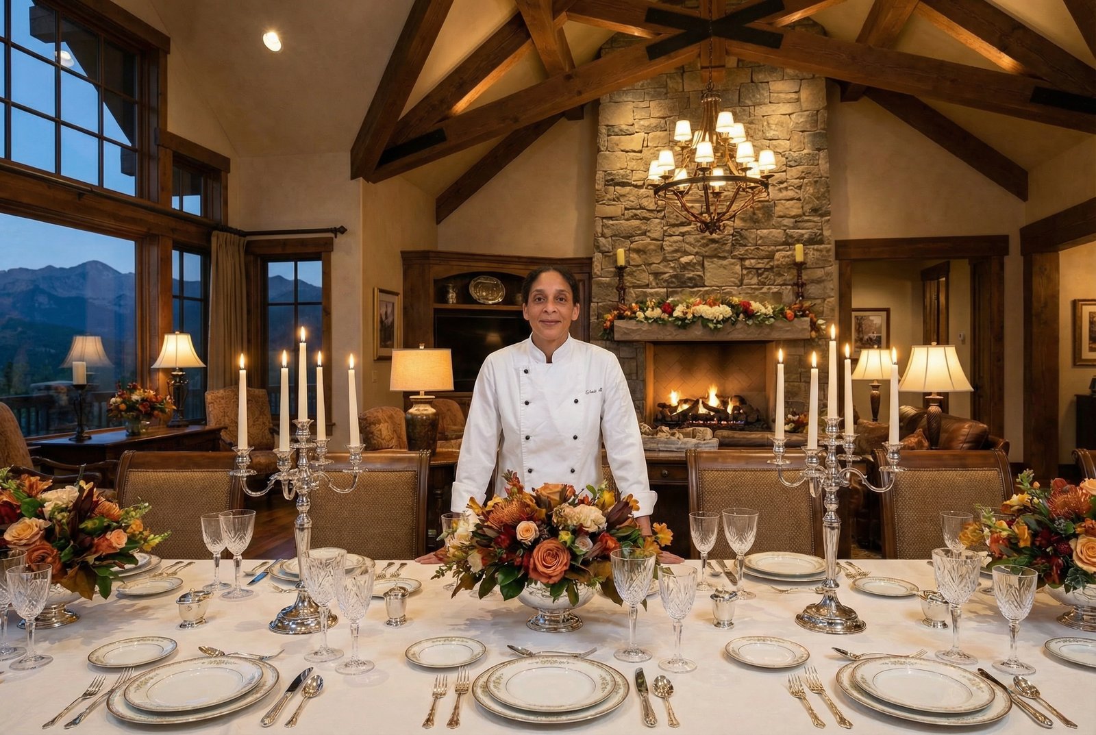Chef Olivia Martin at the head of an elegantly set estate dining table